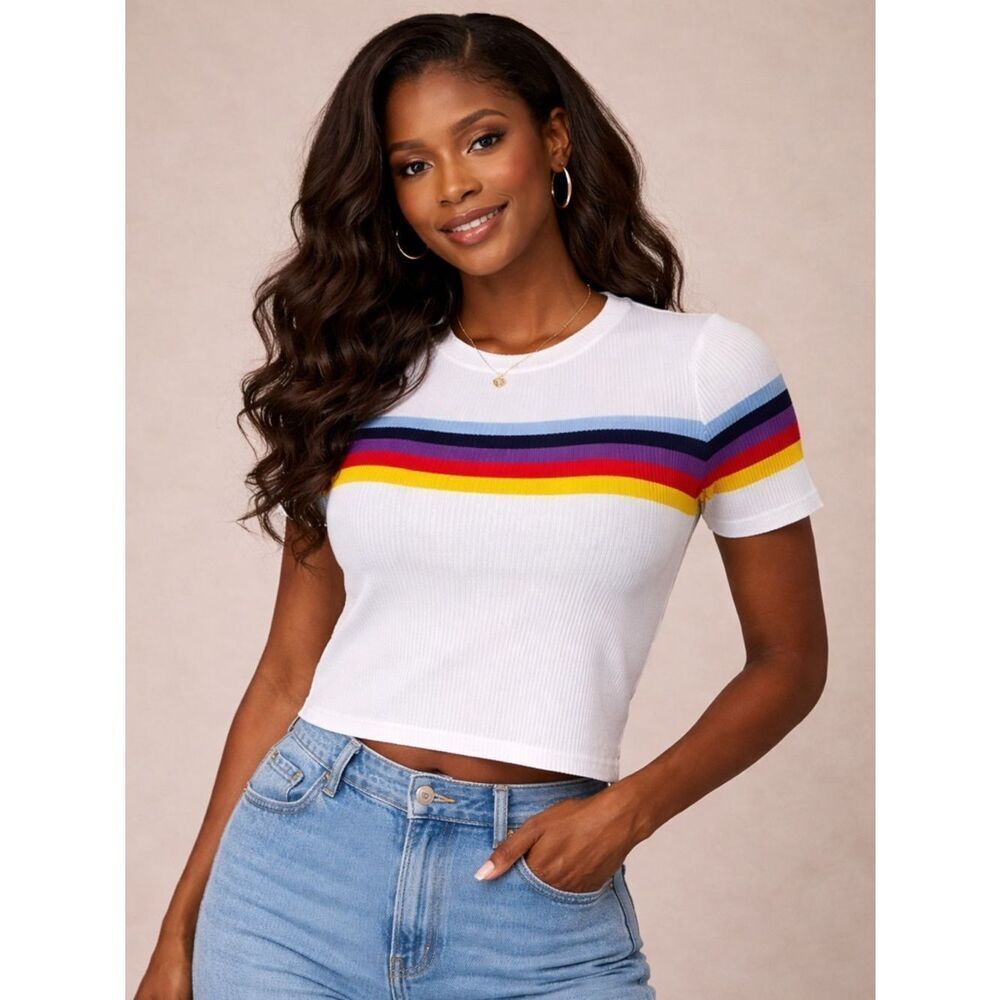 Retro Rainbow Stripe Ribbed Tee